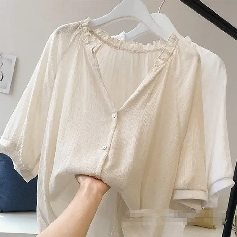 無地半袖フリル裾ボタン付きカーディガン｜アウターシャツ・ブラウスの商品イメージ