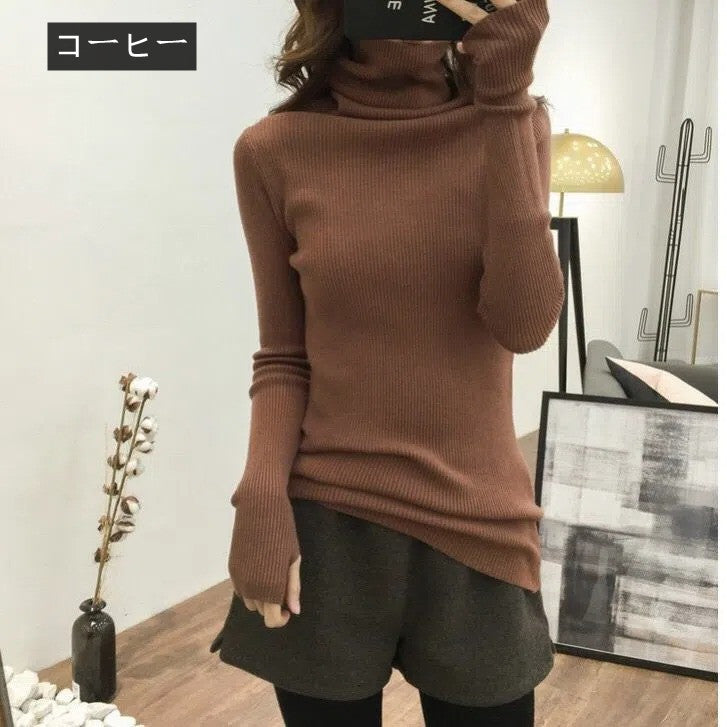 ハイネック長袖指穴ありデザインニット｜トップスストレッチ｜ダークブルーの商品イメージ