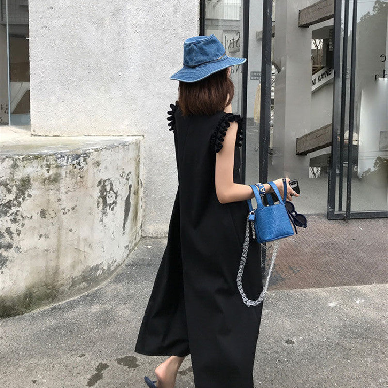 フリル裾無袖オールインワン｜無地ジャンプスーツオールインワン｜ブラックの商品イメージ