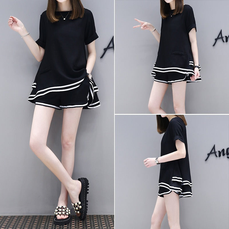 フリル裾半袖Ｔシャツ＆ショートパンツセットアップ｜家着｜ブラックの商品イメージ