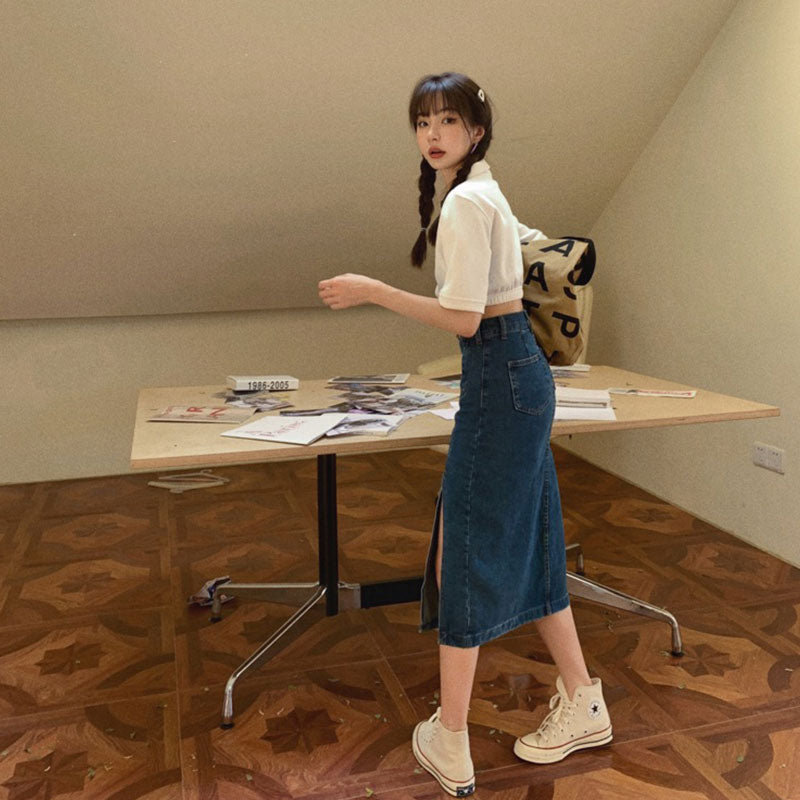 デニム｜スリットミディスカートハイウエスト｜ブルーの商品イメージ