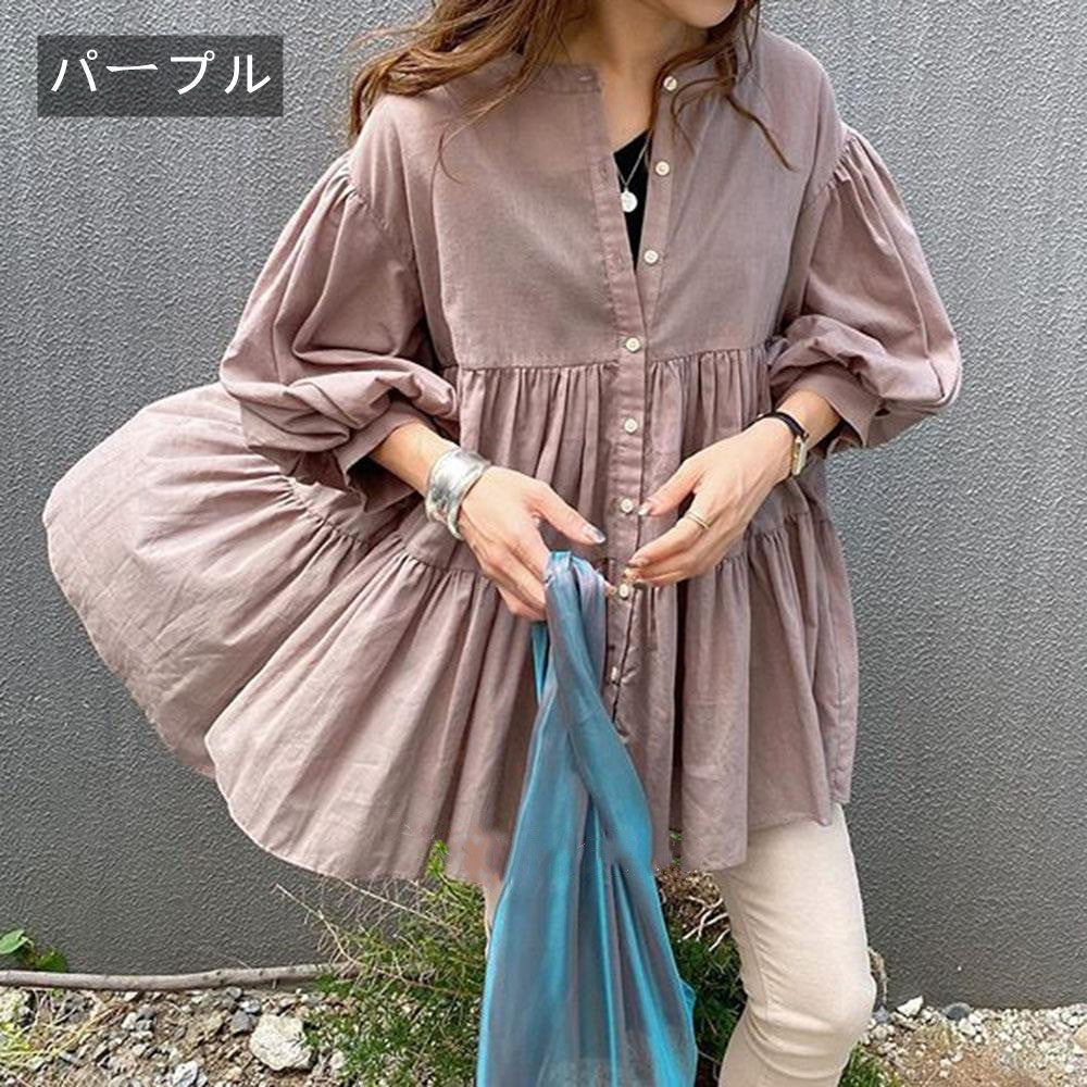 フリル裾パフスリーブブラウス｜トップス｜パープルの商品イメージ