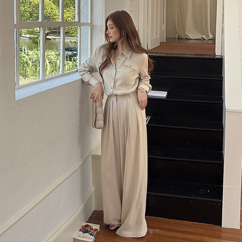 リネン風長袖シャツ＆ワイドレッグパンツセットアップ｜きれいめ大人の商品イメージ