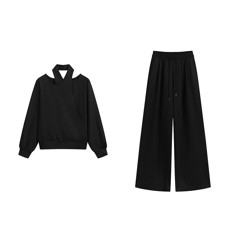 オフショルダーハルターネックトップスワイドパンツセットアップ｜Vネックの商品イメージ