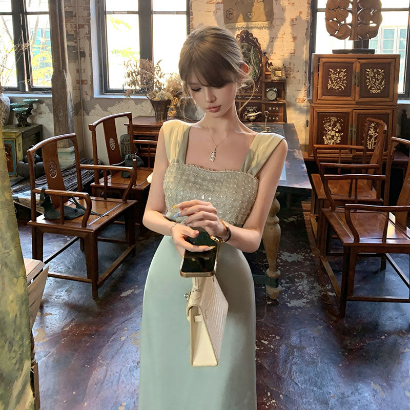 水色サテンパールビジュービスチェ肩紐マキシワンピース｜パーティードレス結婚式お呼ばれディナードレスワンピースの商品イメージ
