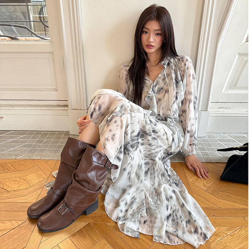 水染み柄シアーフリルシャツ＆ロングスカートベルト付き柔らか大人女子｜セットアップ｜画像カラーの商品イメージ