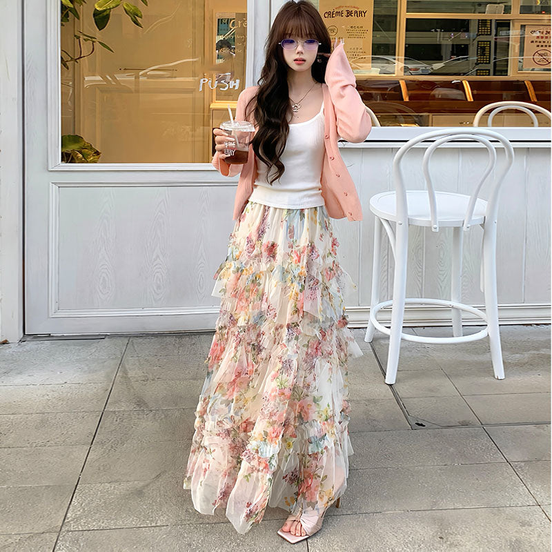 花柄チュールフリルロングスカート｜ハイウエストマキシ丈｜画像カラーの商品イメージ