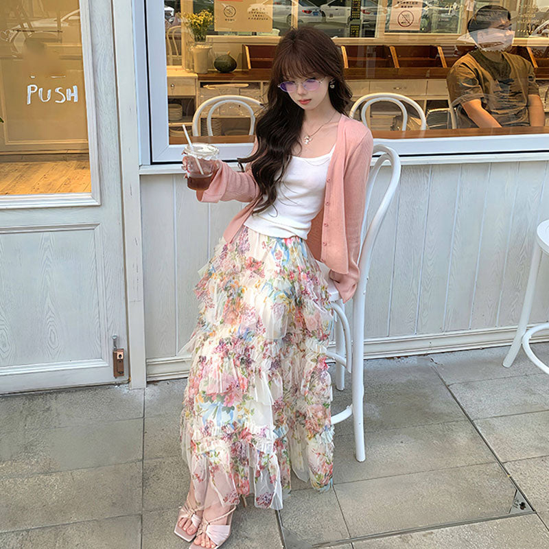 花柄チュールフリルロングスカート｜ハイウエストマキシ丈｜画像カラーの商品イメージ