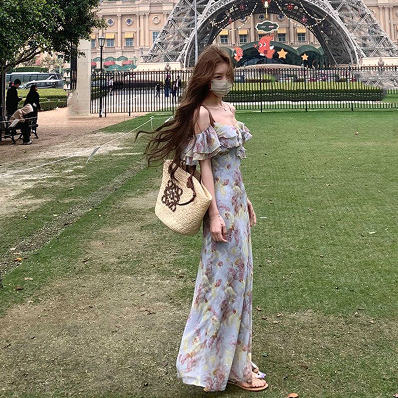 花柄キャミソールワンピース｜ロング丈ワンピースフリルオフショルダーシフォン｜画像カラーの商品イメージ