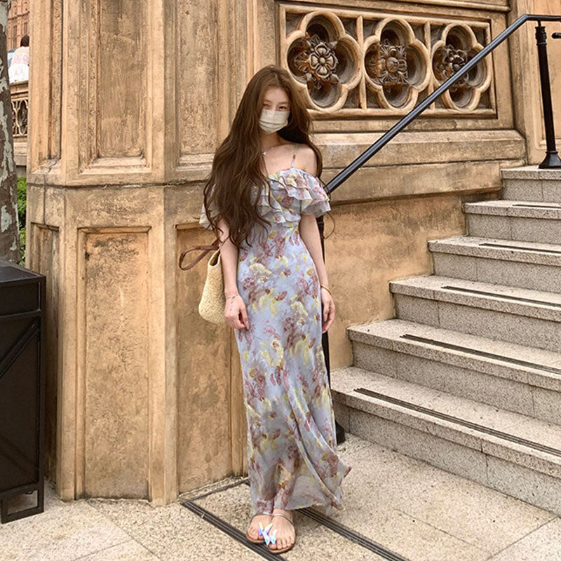 花柄キャミソールワンピース｜ロング丈ワンピースフリルオフショルダーシフォンの商品イメージ