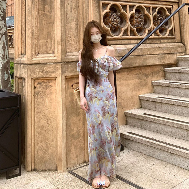 花柄キャミソールワンピース｜ロング丈ワンピースフリルオフショルダーシフォンの商品イメージ