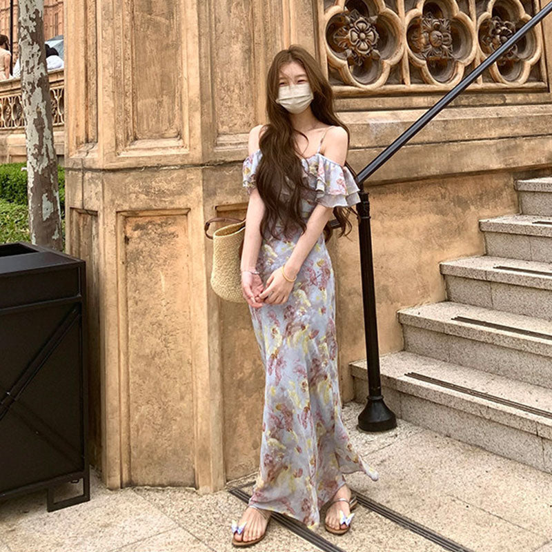 花柄キャミソールワンピース｜ロング丈ワンピースフリルオフショルダーシフォンの商品イメージ