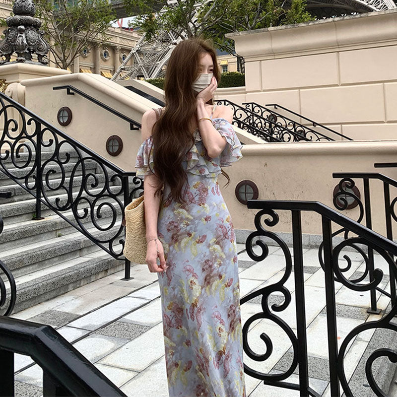 花柄キャミソールワンピース｜ロング丈ワンピースフリルオフショルダーシフォンの商品イメージ