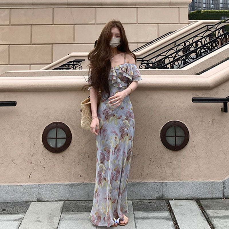 花柄キャミソールワンピース｜ロング丈ワンピースフリルオフショルダーシフォン｜画像カラーの商品イメージ
