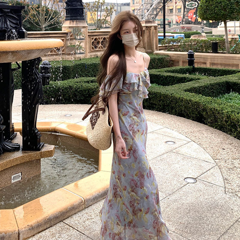 花柄キャミソールワンピース｜ロング丈ワンピースフリルオフショルダーシフォンの商品イメージ