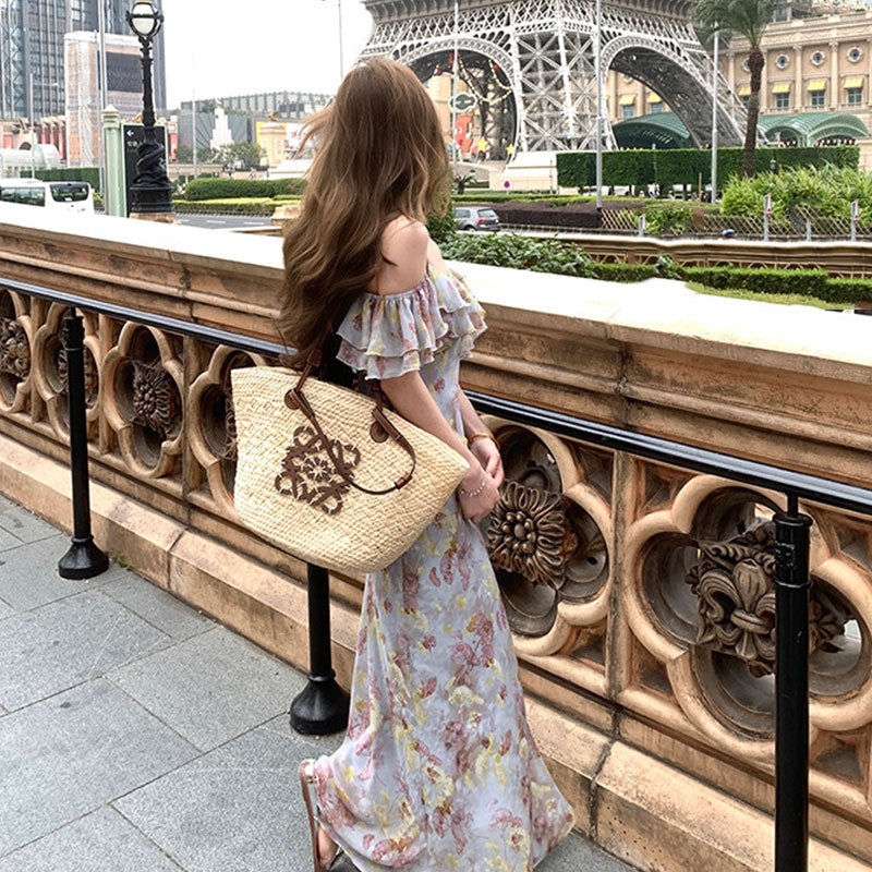花柄キャミソールワンピース｜ロング丈ワンピースフリルオフショルダーシフォンの商品イメージ