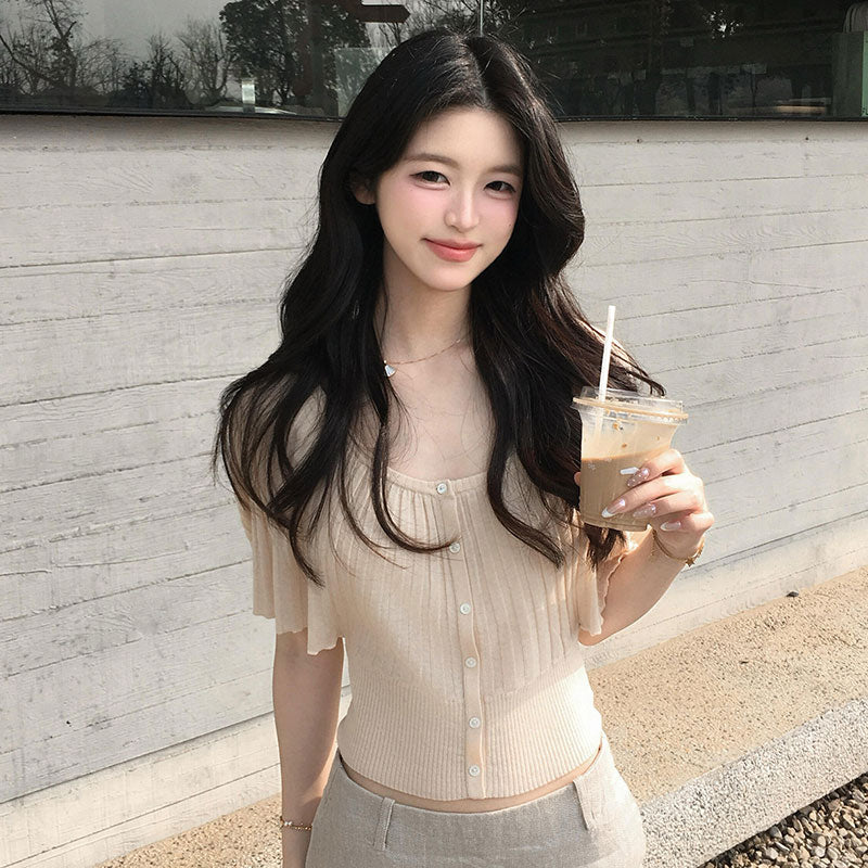 Uネックリブニット｜フレア裾薄手フィットウエスト絞り上品大人女子トップスの商品イメージ