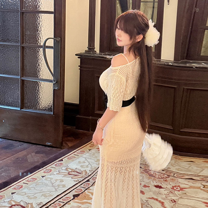 透かし編みニットマーメイドワンピース｜（リボンベルト）キャミワンピース付きパーティドレスワンピースの商品イメージ