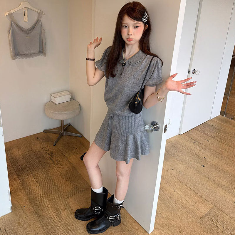 透かし編みポロ半袖ニットトップス＆ウエストリブフリルスカートアップショート丈｜セットアップ｜オフホワイトの商品イメージ