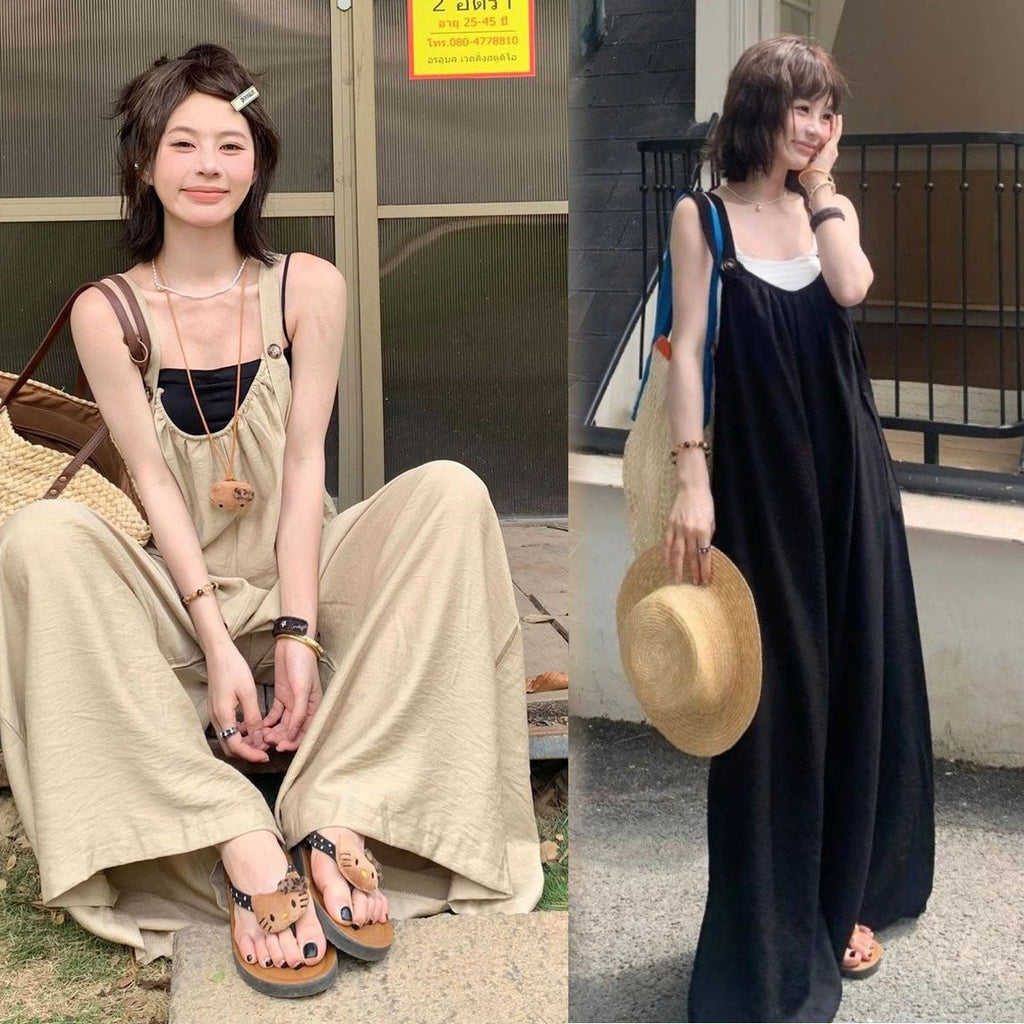 サロペット｜ワイドパンツ無地オーバーオール｜カーキの商品イメージ