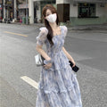 花柄シフォンワンピース｜パフスリーブ｜ブルーの商品イメージ