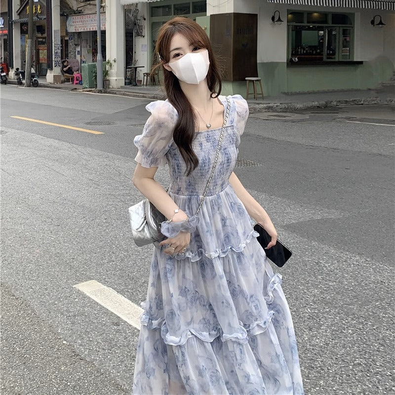 花柄シフォンワンピース｜パフスリーブ｜ブルーの商品イメージ