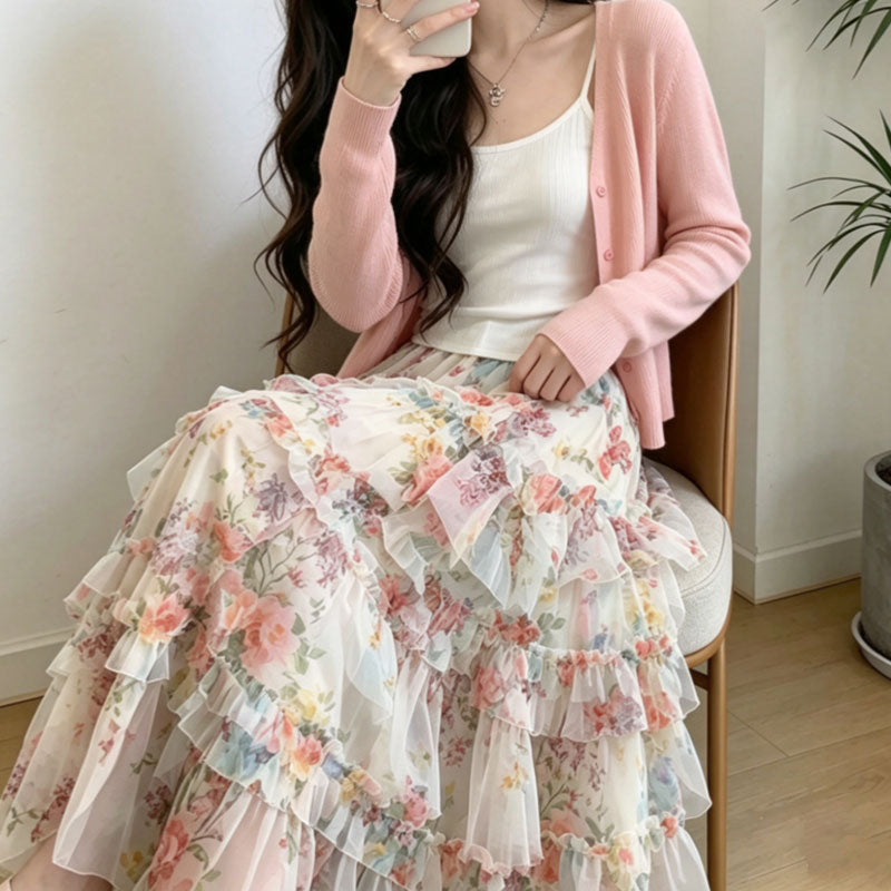 花柄チュールフリルロングスカート｜ハイウエストマキシ丈｜画像カラーの商品イメージ