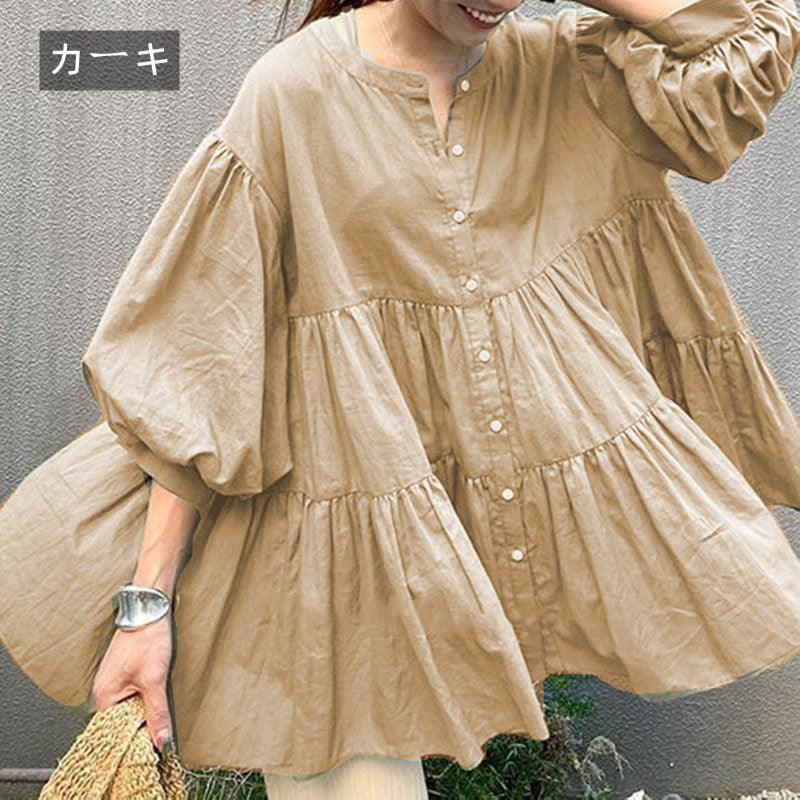 フリル裾パフスリーブブラウス｜トップス｜ブラックの商品イメージ