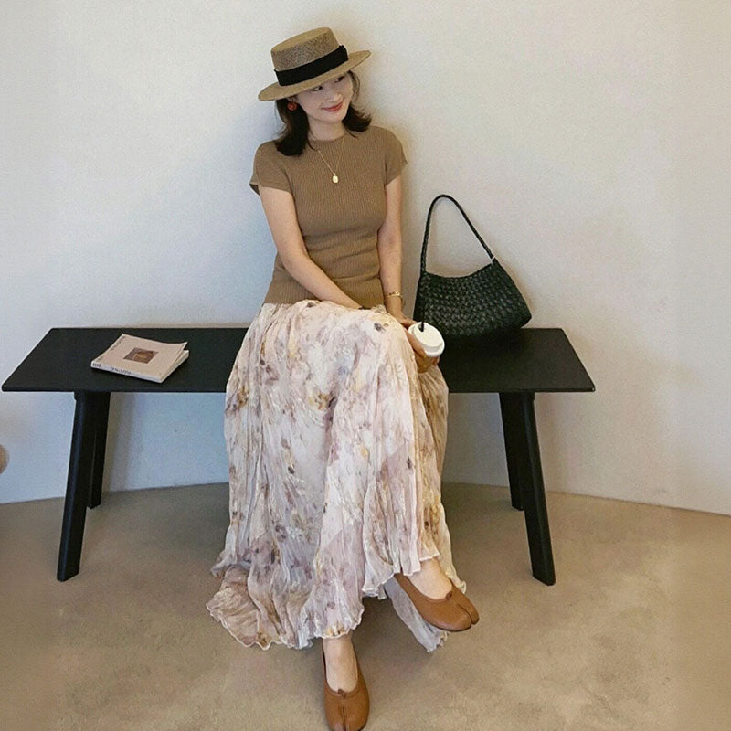 カシュクールニット半袖トップス＆花柄プリーツロングスカート上品｜セットアップ｜画像カラーの商品イメージ
