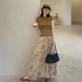 カシュクールニット半袖トップス＆花柄プリーツロングスカート上品｜セットアップ｜画像カラーの商品イメージ