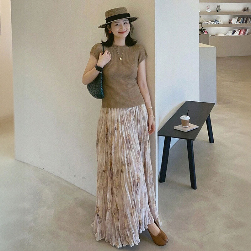 カシュクールニット半袖トップス＆花柄プリーツロングスカート上品｜セットアップの商品イメージ