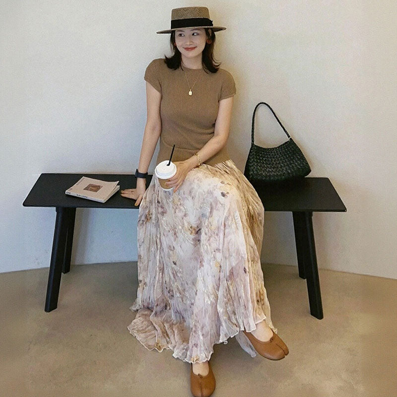 カシュクールニット半袖トップス＆花柄プリーツロングスカート上品｜セットアップの商品イメージ