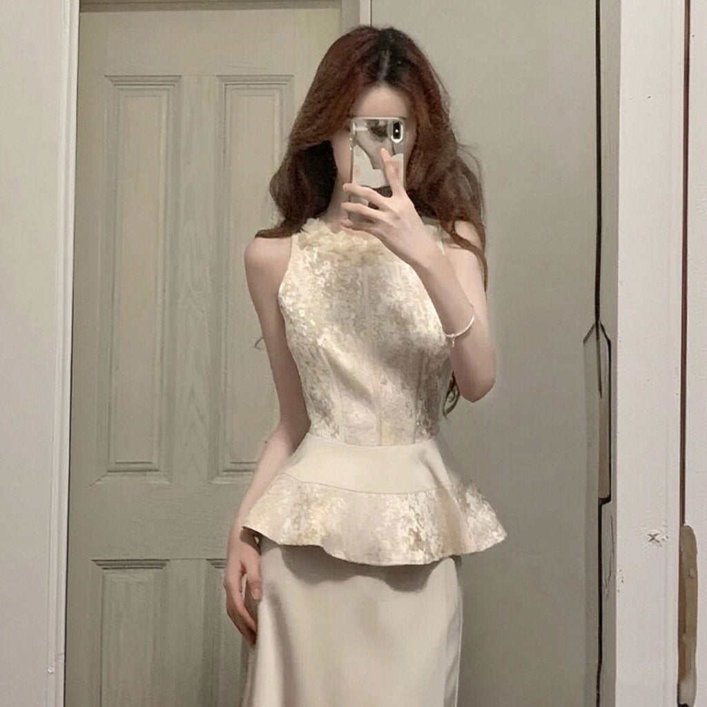 結婚式お呼ばれパーティードレスセットアップ｜レースペプラムトップス＆サテンロングスカートベージュの商品イメージ