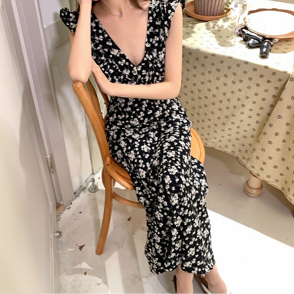 花柄ロングワンピース｜Vネックフリルスリーブマーメイドラインの商品イメージ