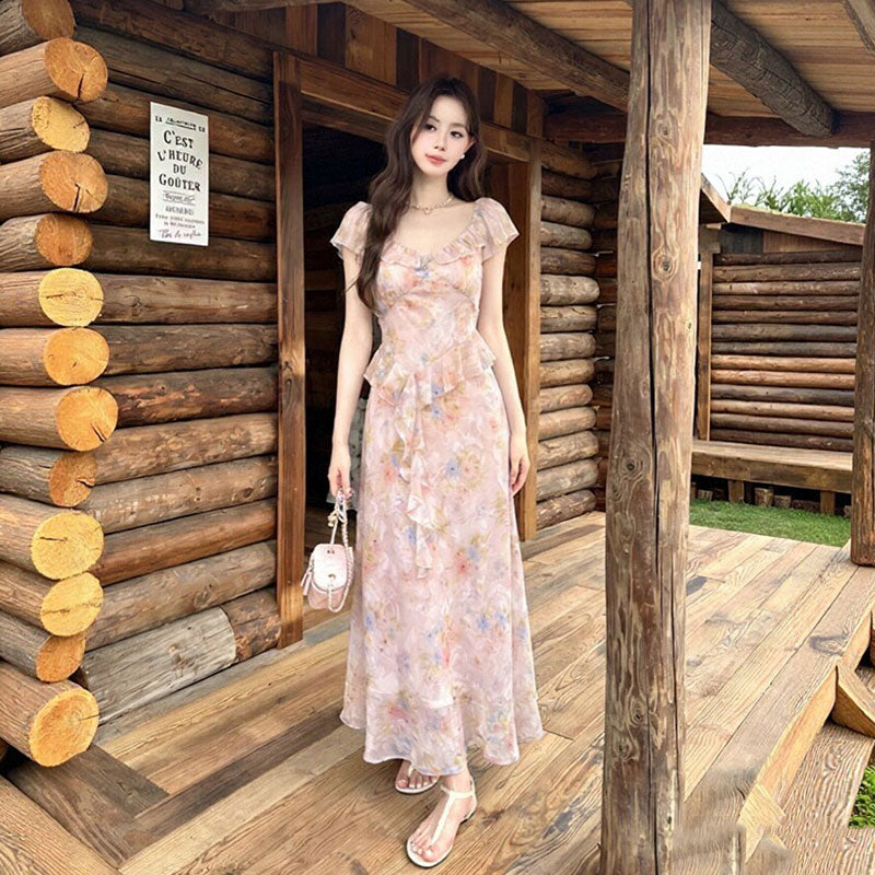 花柄シフォンワンピース｜フリルロング丈ピンクワンピース｜画像カラーの商品イメージ