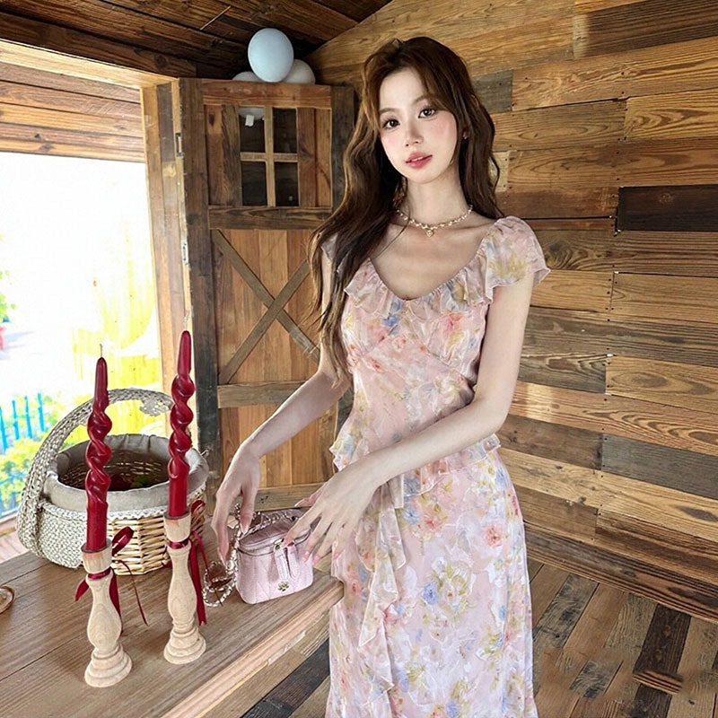 花柄シフォンワンピース｜フリルロング丈ピンクワンピース｜画像カラーの商品イメージ