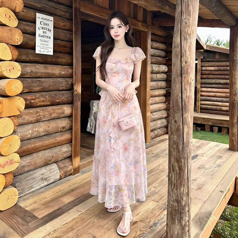 花柄シフォンワンピース｜フリルロング丈ピンクワンピース｜画像カラーの商品イメージ