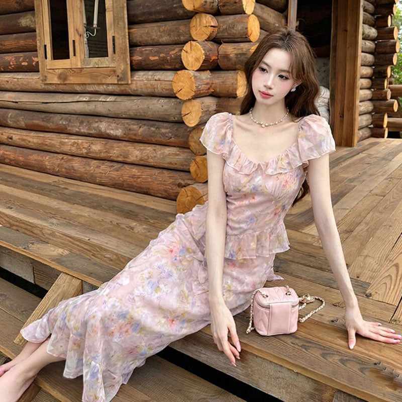 花柄シフォンワンピース｜フリルロング丈ピンクワンピースの商品イメージ
