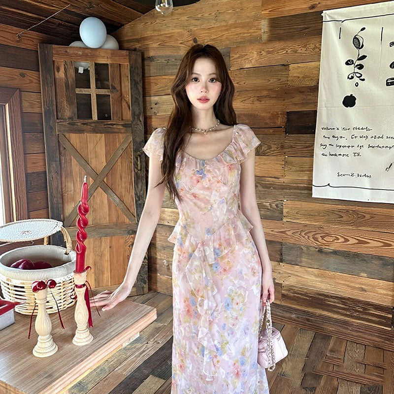 花柄シフォンワンピース｜フリルロング丈ピンクワンピースの商品イメージ