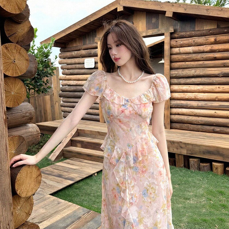 花柄シフォンワンピース｜フリルロング丈ピンクワンピースの商品イメージ