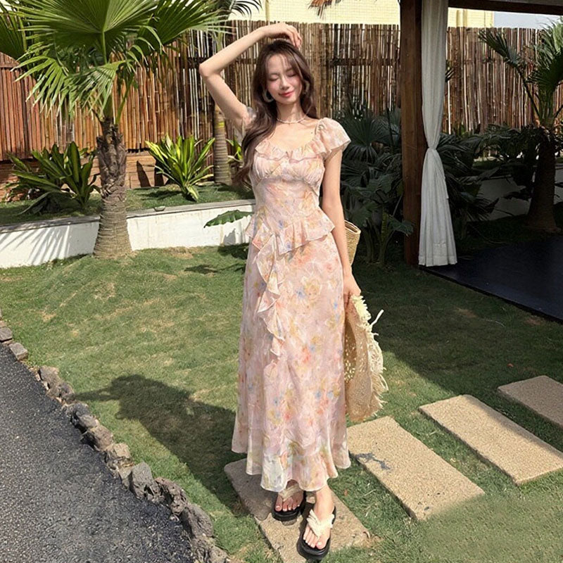 花柄シフォンワンピース｜フリルロング丈ピンクワンピースの商品イメージ