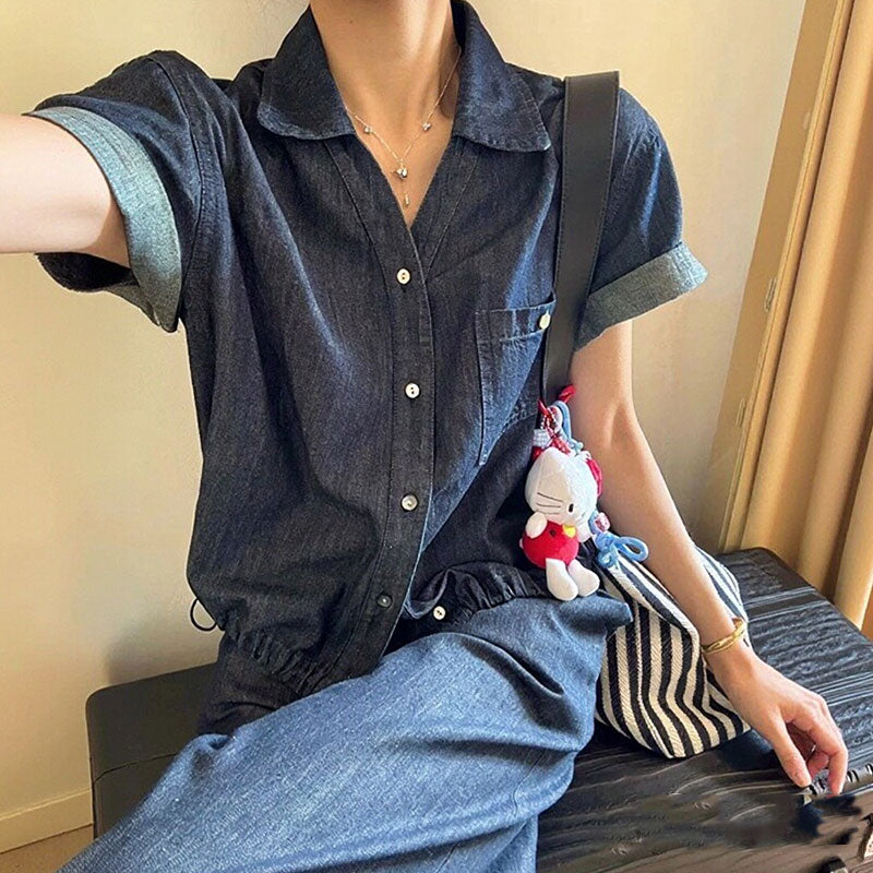 半袖デニムシャツ＆ワイドパンツセットアップ｜ダークブルーの商品イメージ