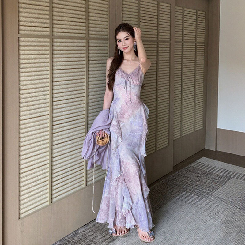 花柄シフォンキャミソールワンピース＆ガウンセット服｜セットアップ｜パープルの商品イメージ