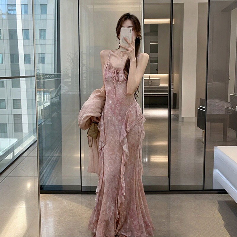 花柄シフォンキャミソールワンピース＆ガウンセット服｜セットアップ｜ピンクの商品イメージ