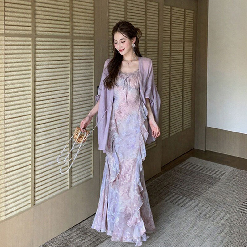 花柄シフォンキャミソールワンピース＆ガウンセット服｜セットアップの商品イメージ