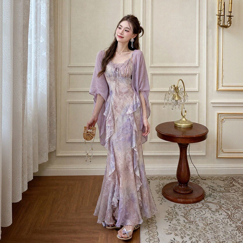 花柄シフォンキャミソールワンピース＆ガウンセット服｜セットアップ｜パープルの商品イメージ