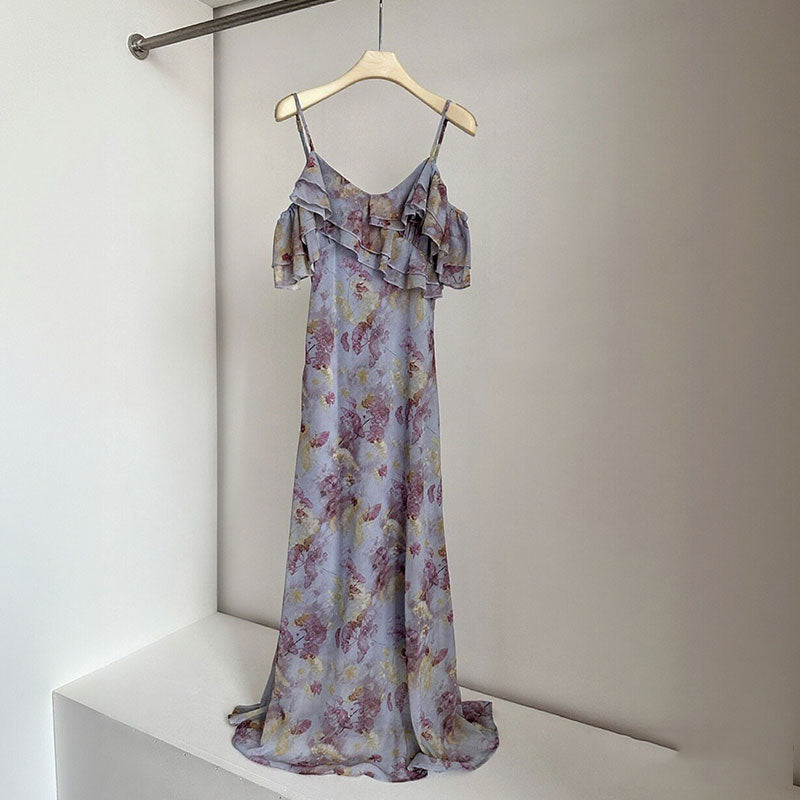 花柄キャミソールワンピース｜ロング丈ワンピースフリルオフショルダーシフォンの商品イメージ