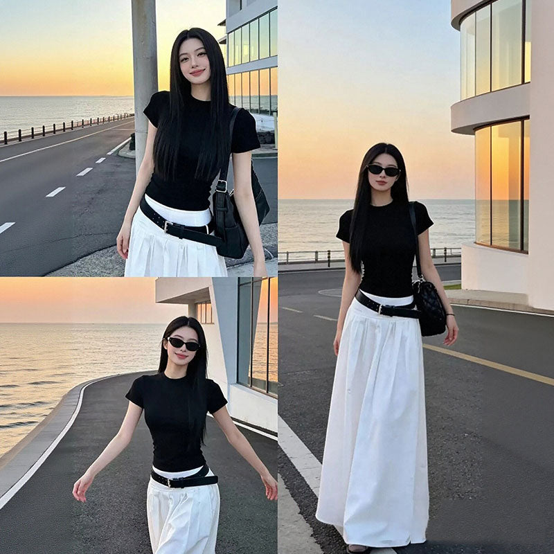 半袖黒Tシャツ＆マキシ丈スカートベルト付きモノトーン大人っぽい｜セットアップの商品イメージ