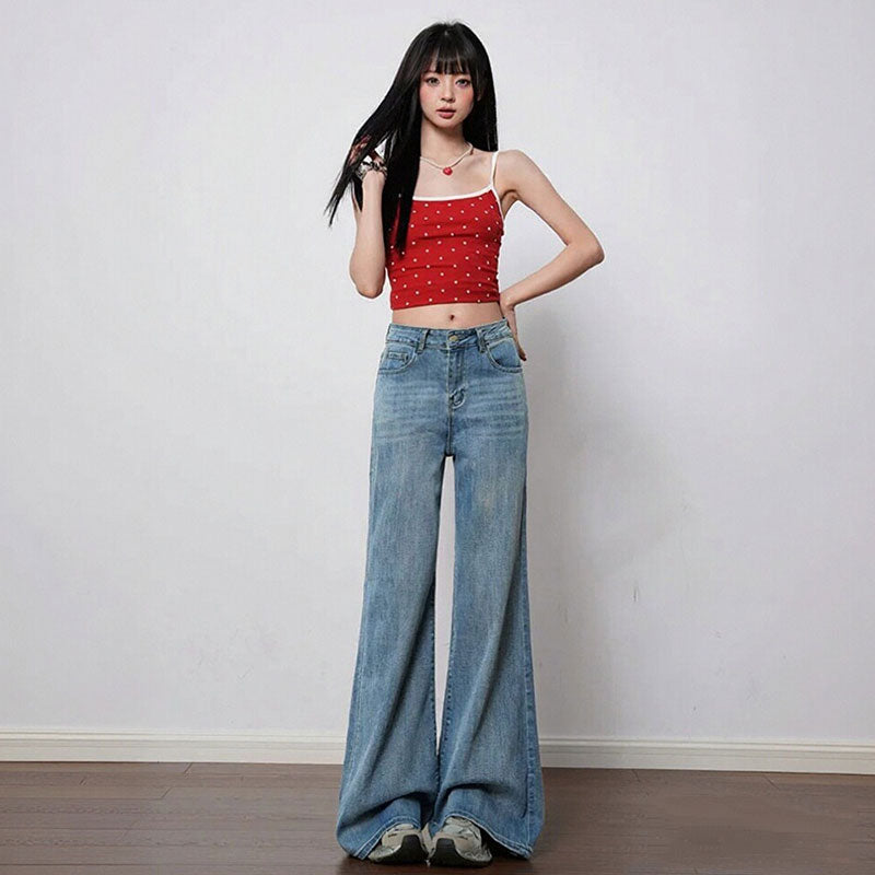 デニム｜パンツワイドハイウエストロング丈脚長｜ブルーの商品イメージ