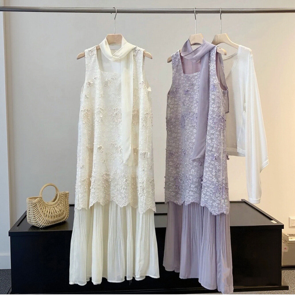 立体花レースノースリーブワンピース｜重ね風ネクタイ付きプリーツレイヤードロングドレスフェミニン2カラーの商品イメージ